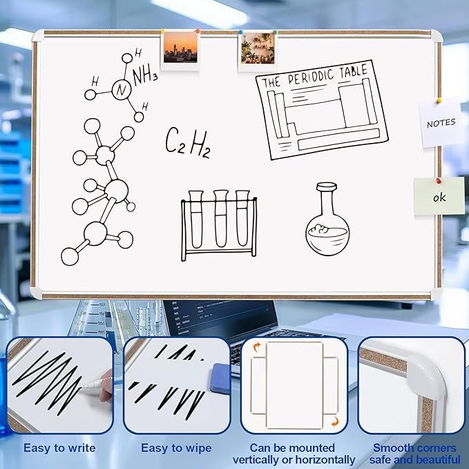 Large Magnetic White Board for Wall,Aluminum & Cork Strip Frame Whiteboard for Office,Presentation Dry Erase Board Wall Mount,Large Whiteboard for School Classroom Huge Whiteboards (36" W x 24" H)