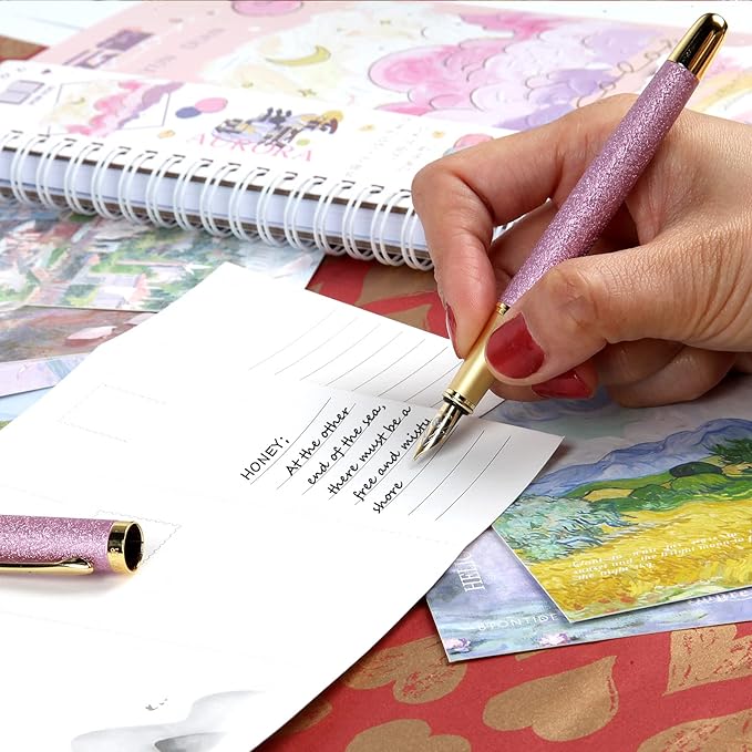 fountain pen-Multiple color styles with rhinestone,diamond inlay and frosted finish,Cute pens,Luxury pen,Office pens,Best pen set,Includes 10 Ink Cartridges and Ink Refill Converter(Gold)