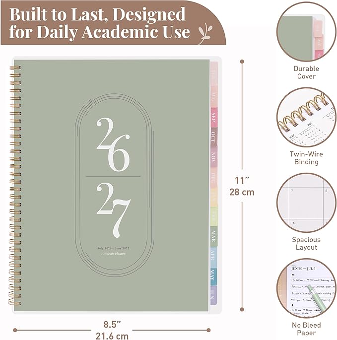 Rileys Academic Planner 2026-2027, Daily, Weekly & Monthly Planner, July 2026 - June 2027, Student Notes Pages, Twin-Wire Binding, Weekly Agenda for School & Work (8.5 x 11-Inches, Green)
