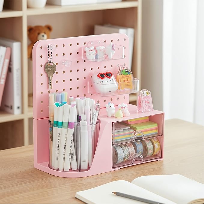 Comix Desk Organizer with Drawer, 360° Rotating Pen Holder for Desk, Pen Organizer with 5 Slots Pencil Holder+Pegboard+2 Drawer for Office Home Art Supplies (Pink)