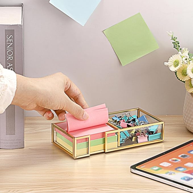 BTSKY Golden Glass 2 in 1 3x3 Inch Sticky Note Holder, Elegant Post It Note Dispenser Paper Clip Holder with Non-Slip Pads Clear Notepad Holder for Desk Organization Planning, Home Office Decor