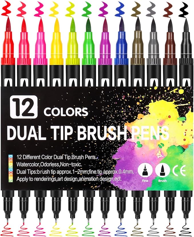 Double Tip Brush Pens Art Markers - 12 Vibrant Colors, Fine & Brush Tips for Coloring, Calligraphy, Journaling, Drawing, and Crafting - Non-Toxic, Water-Based Ink - Perfect for Kids & Adults