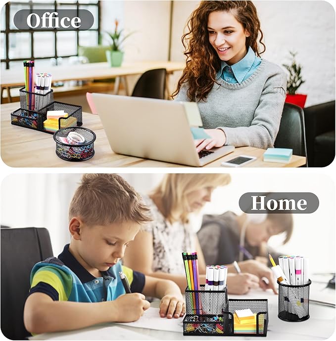2-Piece Desk Pen & Pencil Organizer - Mesh Metal Pen Cup with Sticky Notes Holder, Black | Pen Cup