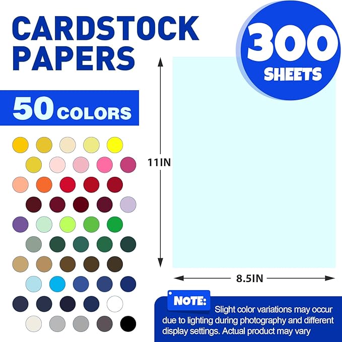 300 Sheets 8.5" X 11" Colored Cardstock, 50 Assorted Colors 230GSM/85LB Construction Paper Card Stock Printer Paper for Printing, Card Making, DIY Crafts, Kids School Supplies,Party Decorations