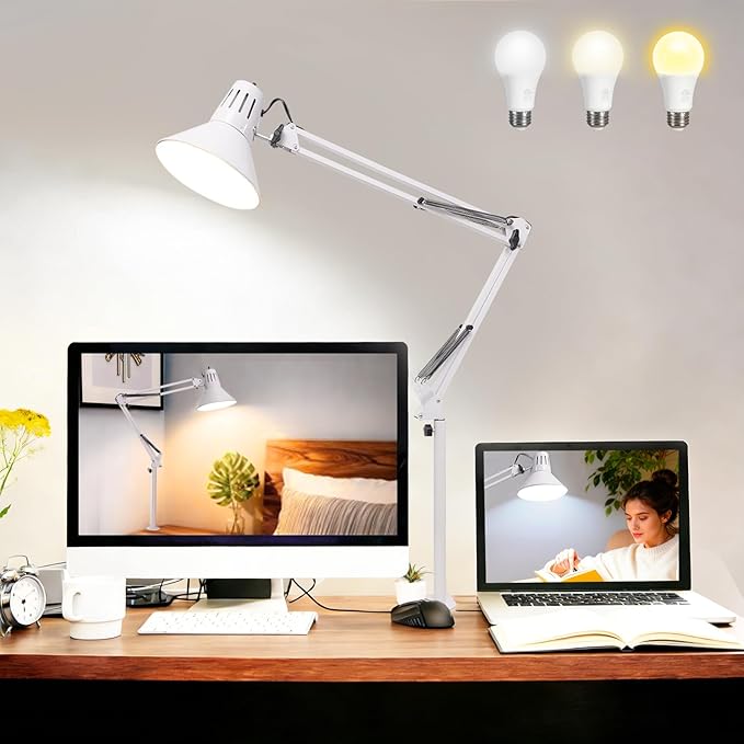 LED Desk Lamp Dimmable with Clamp, Eye-Caring Clip on Lights for Home Office, 3 Adjustable Color Temperature,Extra Tall Metal Swing Arm, High Intensity Clamp w/A19 E26 Bulb for Working Reading