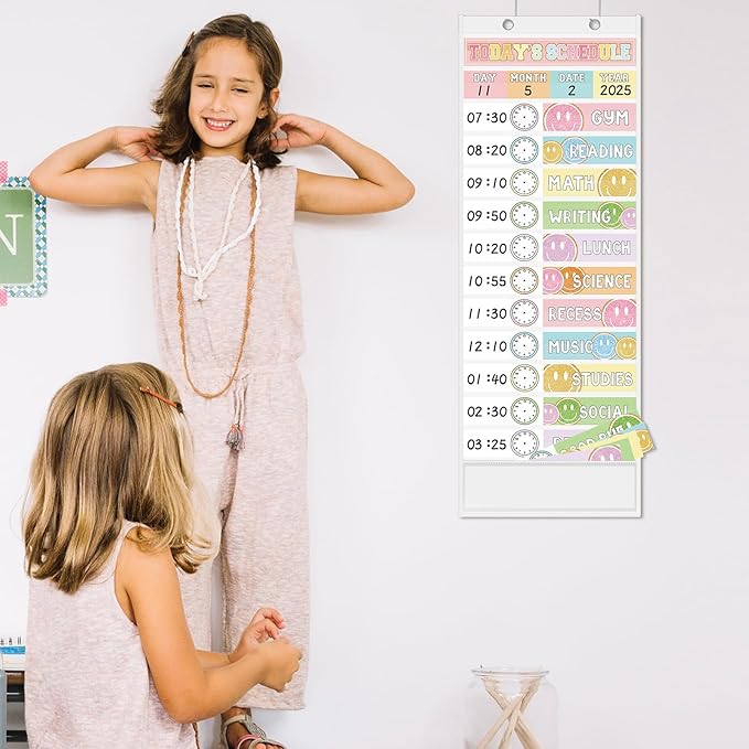 JarThenaAMCS Pastel Smile Face Daily Schedule Pocket Chart 13 x 35.5 In Glitter 13 + 1 Pocket Visual Schedule Chart Board with 24 Card for Classroom Home Office Supplies