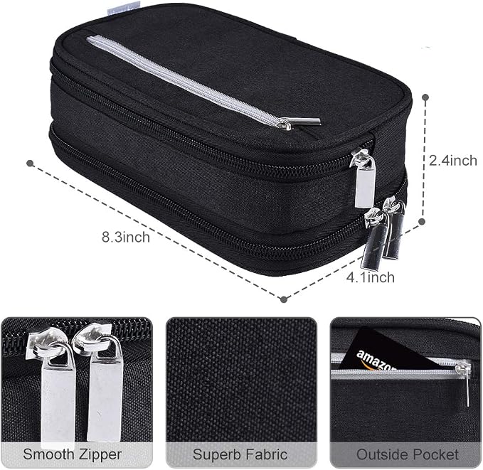 Large Capacity Pencil Case Big Storage Pencil Bag Pouch 3 Multifunctional Compartment Pen Marker Cases Holder Portable Office Stationery Organizer Supplies Makeup Bag, Black