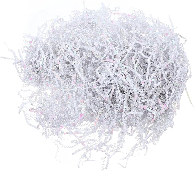 TEHAUX Colorful White Raffia Paper Shred Basket Filler 100g Pack, Crinkle Wrapping Box Filler for Packaging, Decorative Basket Stuffing for Presents and Crafts