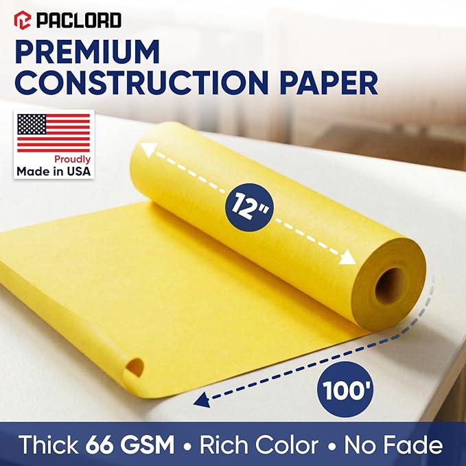 Yellow Construction Paper Roll 12" x 100 ft – Made in USA – 12" Bulletin Board Paper for Classroom & School, Teachers & Kids