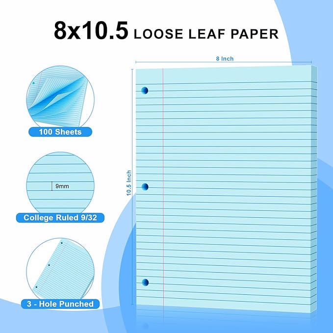 Blue Loose Leaf Paper 100 Sheets 8" x 10.5" Filler Paper, College Ruled 3-Hole Punched, Notebook Paper for 3-Ring Binders Notepad Writing Note Pads To-Do Lists for Office & School Supplies