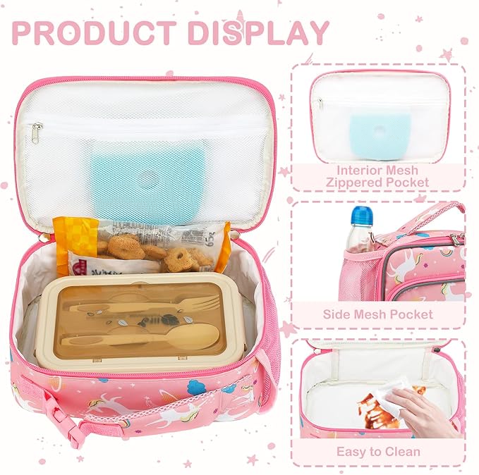 FlowFly Kids Lunch box Insulated Soft Bag Mini Cooler Back to School Thermal Meal Tote Kit for Girls, Boys,Unicorn