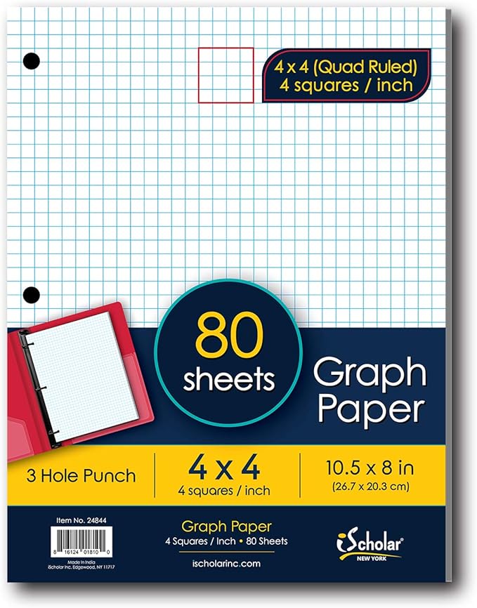 iScholar Quad Filler Paper, 4 Squares per Inch, 10.5 x 8 Inches, 80 Sheets (24844) White