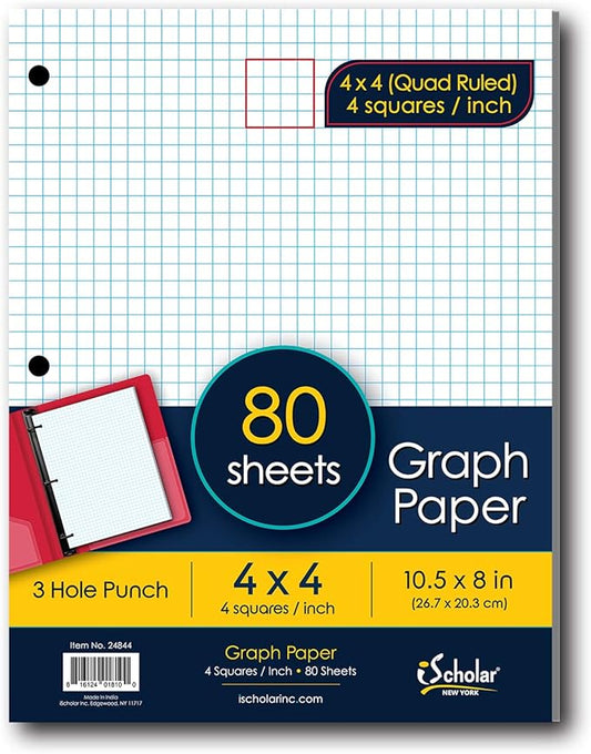 iScholar Quad Filler Paper, 4 Squares per Inch, 10.5 x 8 Inches, 80 Sheets (24844) White