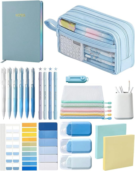 41Pcs Aesthetic Pink Office Supplies Set, All-in-One 5 Compartments Desk Organizer Kit with Large Capacity Pen Pouch, A5 Notebook for Women & Journaling (blue)