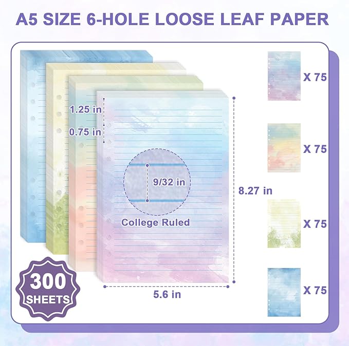 300 Sheet Watercolor A5 Refill Paper Planner Inserts for 6-Hole Binder A5 Loose Leaf Lined Refill Paper 100 GSM Notebook Filler Paper 6 Hole Loose Leaf Paper for Budget Planner Journal 5.6" x 8.2"