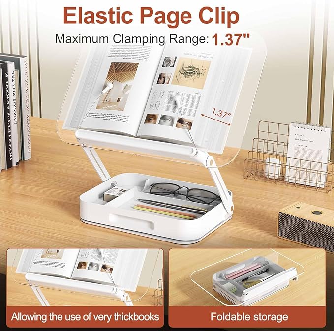 Acrylic Book Stand with Storage, Adjustable Book Holder for Reading with 360° Rotating Bases, Foldable Desktop Riser Stand, Elastic Clips for Cookbook Recipe Magazines Tablets, Laptops (Clear)