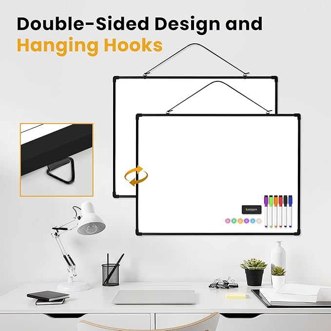 Dry Erase Board for Wall, 24" x 18" Double-Sided Hanging Magnetic Whiteboard with 6 Markers, 6 Magnets and 3 Mini Sticky Notes, Presentation Board for School, Home, Office, Black Frame