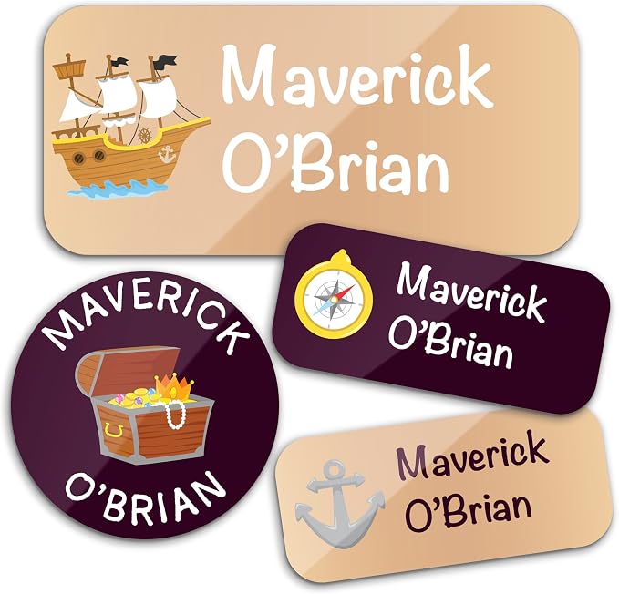 Personalized Waterproof Name Labels for Kids | Optional Packs 50, 150, 230 Labels | Custom Name Stickers for Kids' Clothing Tag, Water Bottle, Lunch Box, Customize Kid Name Label for Daycare Pirate