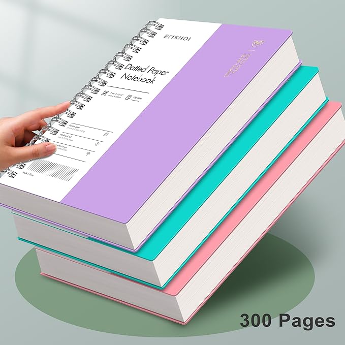EMSHOI Dotted Journal Spiral Notebook, 300 Pages, B5 Large 7.48"x10.15", 100 GSM Thick Paper, Flexible Plastic Cover, 5mm Dot Grid Notebook for Journaling, Planning, Drawing, Writing, Purple