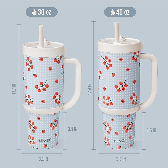 Ello Oasis 30oz Tumbler with Handle & Retracting Straw | Reusable Insulated Stainless Steel Cup 100% Leakproof | Keeps Cold for 23 Hours | Cup Holder Friendly | Picnic on the Vine