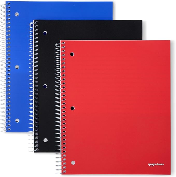 Amazon Basics Wide-Ruled Spiral Notebooks with Pocket Divider, 8" x 10.5", 100 Sheets, Perforated Pages, Assorted Primary Colors, 3-Pack