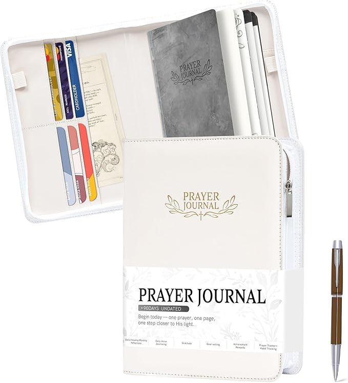 Ospelelf Leather Prayer Journal for Women with Zipper Closure, Portable Travel Size Bible Notebook with Storage Pockets, Undated 3 Months Devotional Diary for Christian Gift, Gratitude Prayer Book, White