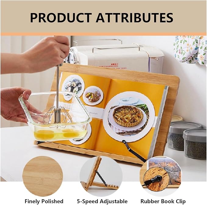 Adjustable Bamboo Book Stand & Cookbook Holder for Kitchen Counter丨5-Level Wooden Bookstand for Reading, Textbooks, or Bible Stand Holder丨Portable Recipe Book Stand with Locking Design(Small)