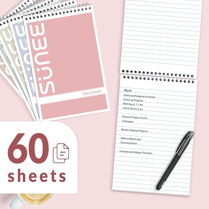 SUNEE Steno Pads 6x9 5 Pack, Gregg Rule, 60 Sheets, White Paper, Take Notes with Top Spiral Notebook, for School, University, College, Work, Office, Classic Color