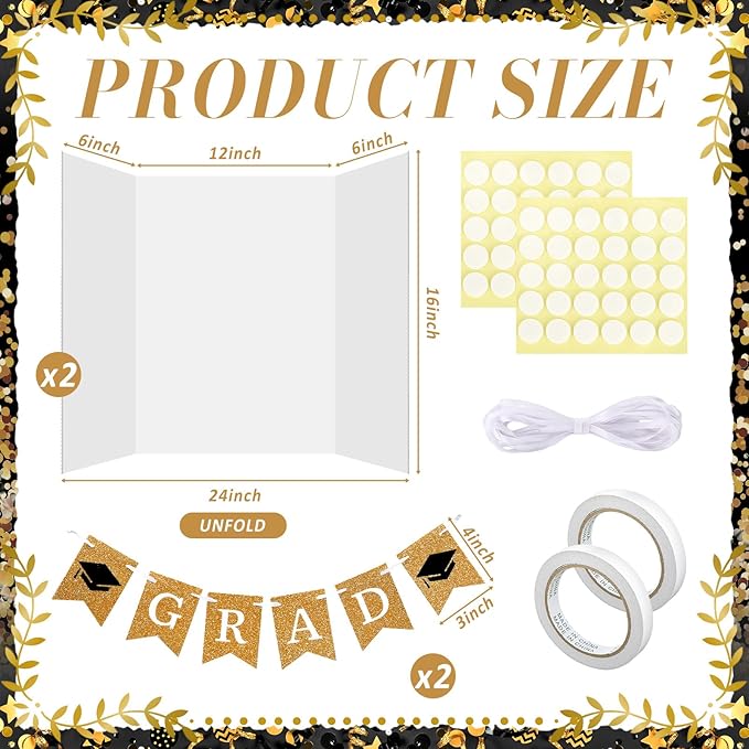 Eaasty 4 Pack Graduation Photo Display Board Decoration 24 X16 Inch Trifold Poster Board with Banners White Trifold Picture Display for Table Decor Class of 2026 Grad Party Collage Frame Supplies