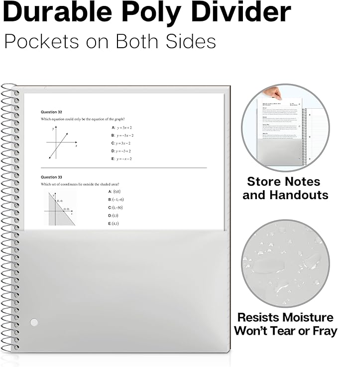 Dunwell College Ruled 1 Subject Notebook, 80 Sheets, Spiral Notebook with 8.5 x 11 Paper, Protective Plastic Cover, Divider with Pockets, Perforated Pages, 3-Hole Punched