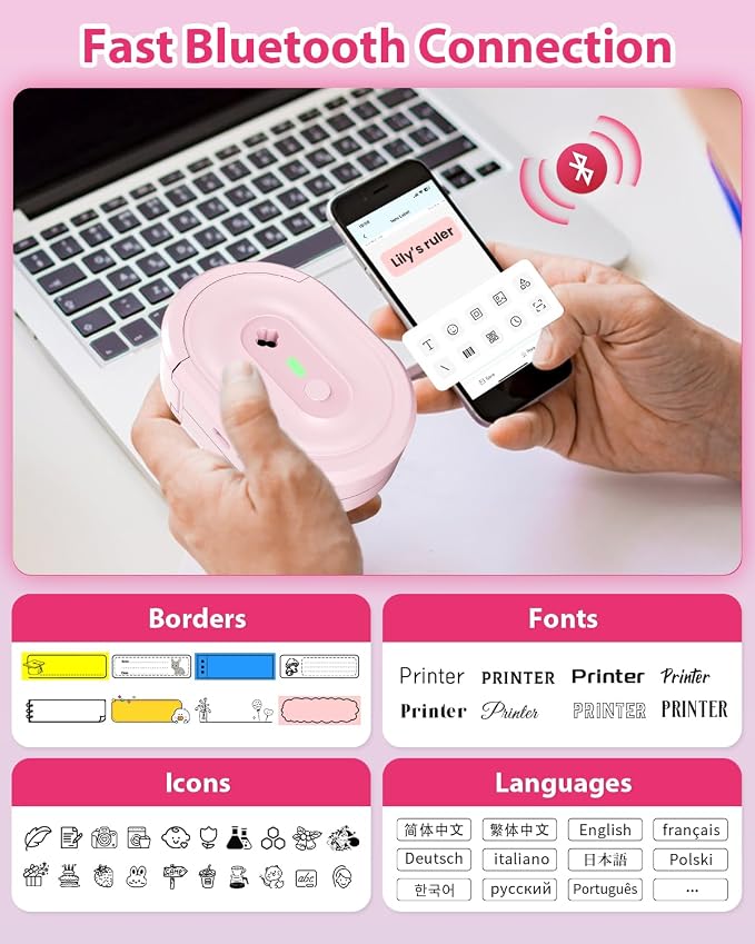 N12 Label Maker Machine with Waterproof Tape Mini Label Printer, Pink | Bluetooth Mini Label Printer with Multiple Templates & Easy Use App, perfect for Kids, Teachers, Home & Office Organization