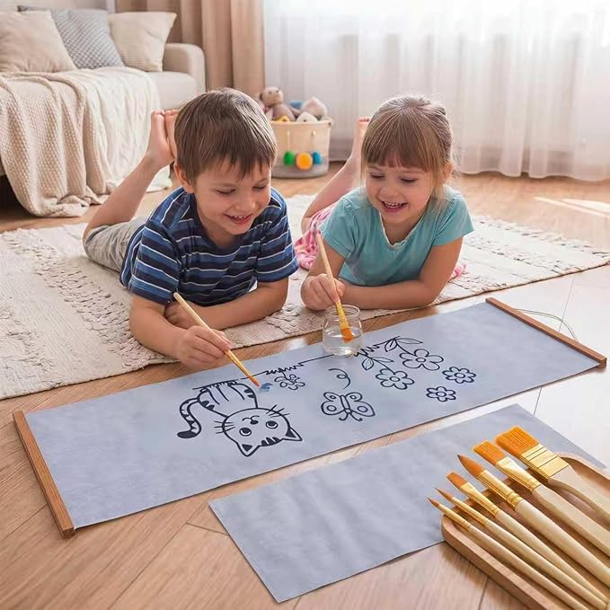 2-Piece Reusable Water Drawing Poster Set with Teak Wood Frame, Mess-Free Water Doodle Mat, Large Water Painting Cloths, Creative Art Activity Kit for Home Use