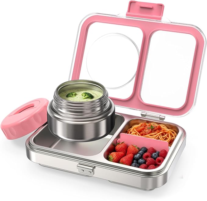 HOMEKOL Stainless Steel Bento Lunch Box + 9.5oz Insulated Food Jar, Pink | 2-Compartment Leak-Proof Container for Kids & Adults, BPA/BPS-Free, 18/8 Metal, Dishwasher Safe, Clear Tritan Lid