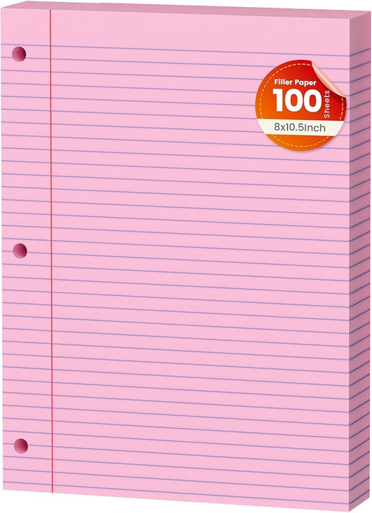 Pink Loose Leaf Paper 100 Sheets Colored Filler Paper 8 * 10.5 College Ruled 3-Hole Punched Paper for 3-Ring Binders Notebook Lined 8" x 10.5"