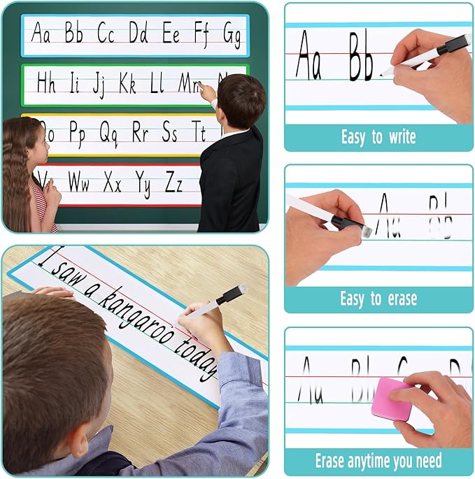4 Sheet 23.6×5.9inch Dry Erase Magnetic Sentence Strips for Classroom Whiteboard & Fridge Handwriting Lined Paper for Home Teacher Must Haves Word Alphabet Practice Tool