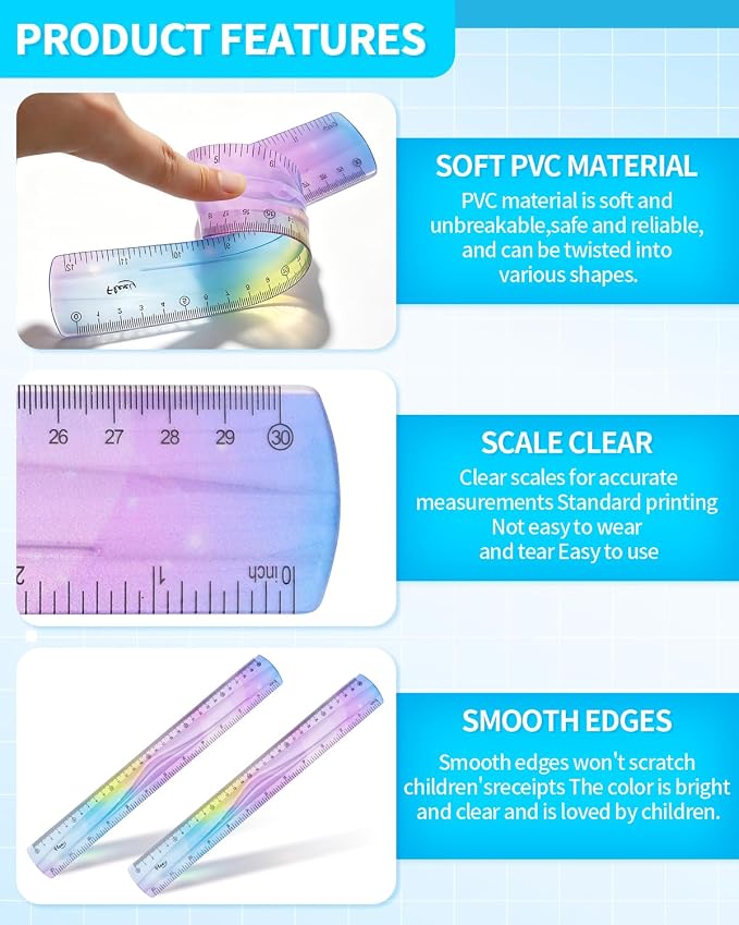 2 Pcs 12 Inch Flexible Ruler, Bendable Plastic Ruler, Gradient-Colored Flexible Rulers with Centimeters and Inches for Students, School, Classroom and Office Use