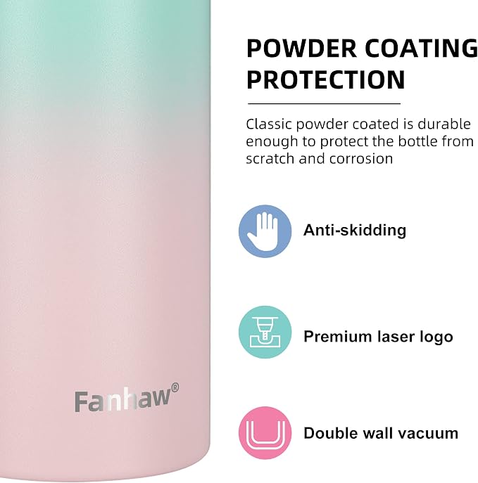 Fanhaw 24 Oz Kids Insulated Stainless Steel Water Bottle with Straw Lid, Leakproof & Anti-Dust Everyday Use Bottle for School, Women & Men, Back to School Essentials (Green Pink)