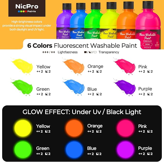 Nicpro 6 Colors Fluorescent Large Washable Paint Set for Kid (16.9 oz), Glow in the Black Light, Non Toxic Neon Tempera Paints for Art, Craft DIY, Poster & Finger Paint, School, Home, Classroom, Party
