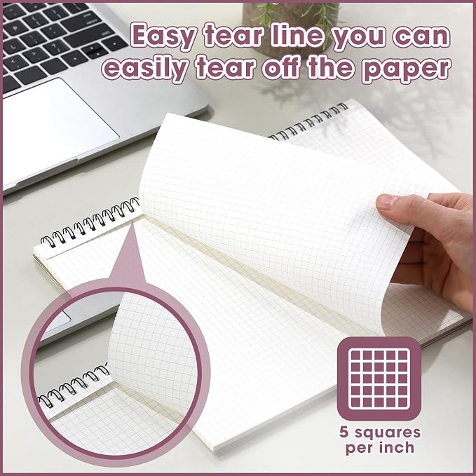 Resurhang 4 Pcs 8.66 x 11.69 Inch Top Bound Spiral Notebooks Horizontal A4 Office Steno Book 5mm-Squared Durable Spiral White Paper 70 Sheets for Business (Morandi)