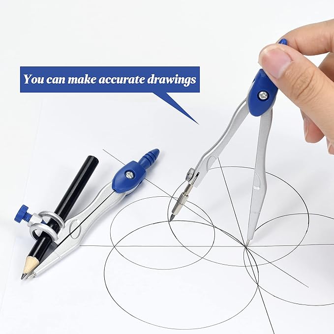Unjoo Math Geometry Kit Sets 10 Piece Student Supplies with Shatterproof Storage Box,Includes Rulers,Protractor,Compass,Eraser,Pencil Sharpener,Lead Refills,Pencil,for Drafting and Drawings（Navy blue）