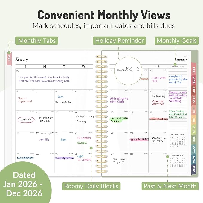 2026 Planner Weekly and Monthly, Jan - Dec 2026, 6.3" x 8.4”, Small Agenda Planner for Women, Aesthetic Calendar Planner with Spiral Bound, Month Tab, Flexible Cover for School, Office (A5, Blue)