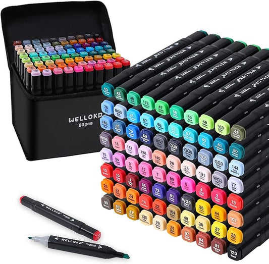 WELLOKB Alcohol Markers, 80 Colors Dual Brush Tip Permanent Art Markers, Coloring Marker, for Book Painting Card Making, Christmas gift for Adults Kids