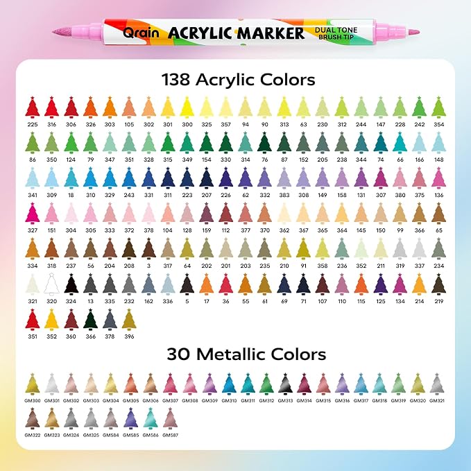 Qrain Acrylic Paint Markers Set, 168 Colors, Dual Tips (Brush & Fine), Water-Based Acrylic Markers for Rock, Wood, Glass, Fabric, Ceramics & DIY Crafts