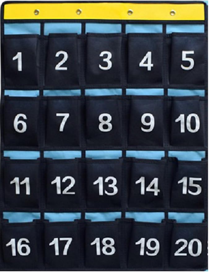 Numbered Pocket Chart Over Door Hanging Classroom Organizer for Cell Phones Calculators Holders Blue (20 POCKETS)