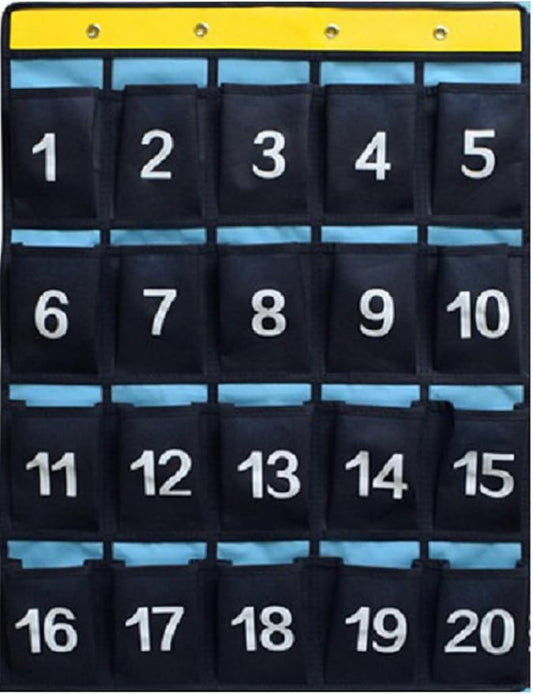 Numbered Pocket Chart Over Door Hanging Classroom Organizer for Cell Phones Calculators Holders Blue (20 POCKETS)