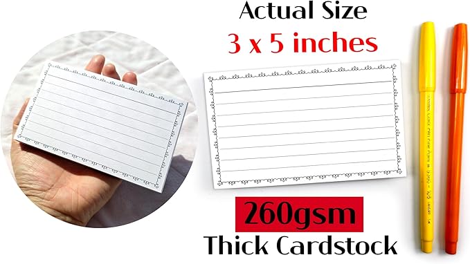 PPAPPAPPIYO Cute Doodle Border 3x5 Index Cards (50 Pack) - Aesthetic Heart Frame Lined Note Cards, 260gsm Heavyweight Thick Flashcards for Studygram, School, Journaling (Black, 3x5)