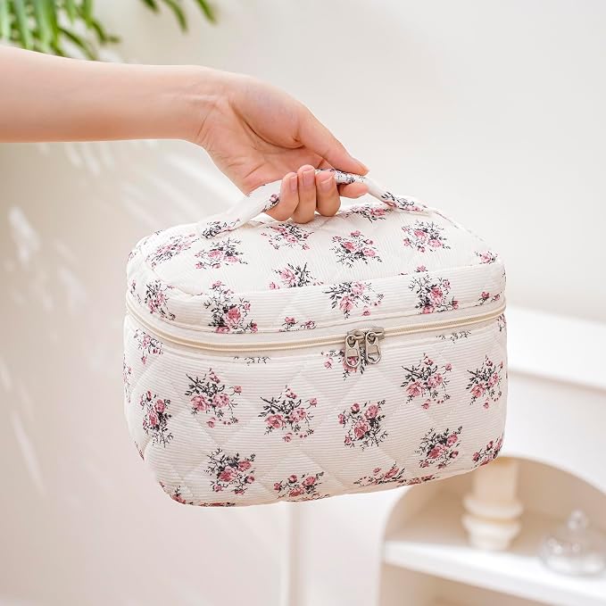 uekeboag Large Travel Quilted Makeup Bag for Women | Soft Floral Cotton Cosmetic Bag, Foldable Coquette Aesthetic Toiletry Organizer