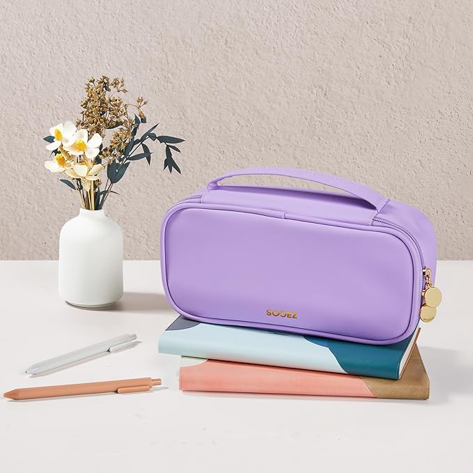 Sooez PU Pencil Case, High Capacity Pencil Bag, Aesthetic Pen Pouch with zipper, 3 Compartment Pen Bag Wide Opening, Portable Stationery Storage and Organizer, School Supplies for Teen, Purple