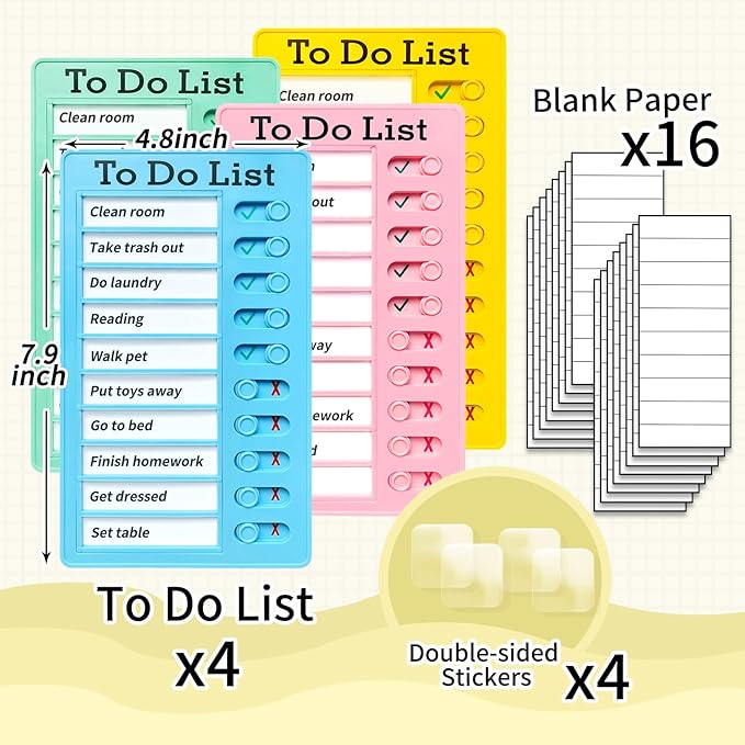 4 Pieces Chore Chart for Kids Multiple Kids - Sliding Routine Chart: Reusable to Do List, RV Checklist, Planning Board, Visual Schedule, and Reminder (bluepinkgreenyellow)