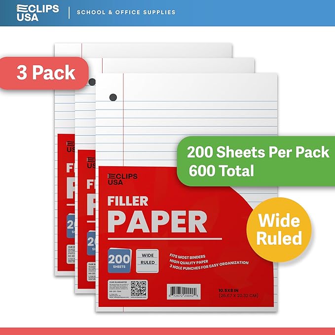 Wide Ruled Loose Leaf Paper Wide Ruled Notebook Paper Lined Writing Filler Paper 10.5” x 8” 56 gsm 600 Sheets 200 Sheet Per Pack (3 Pack)